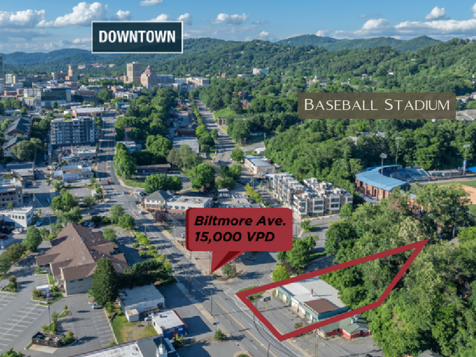 Aerial View of the showroom in relation to downtown Asheville